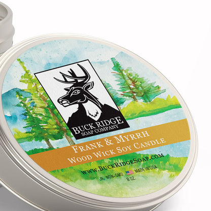 Frankincense & Myrrh Wood Wick Soy Candle lid label